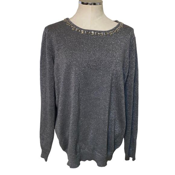 Jaclyn Smith Vintage Metallic Rhinestone Studded Embellished Sweater XL Gray - Picture 1 of 7